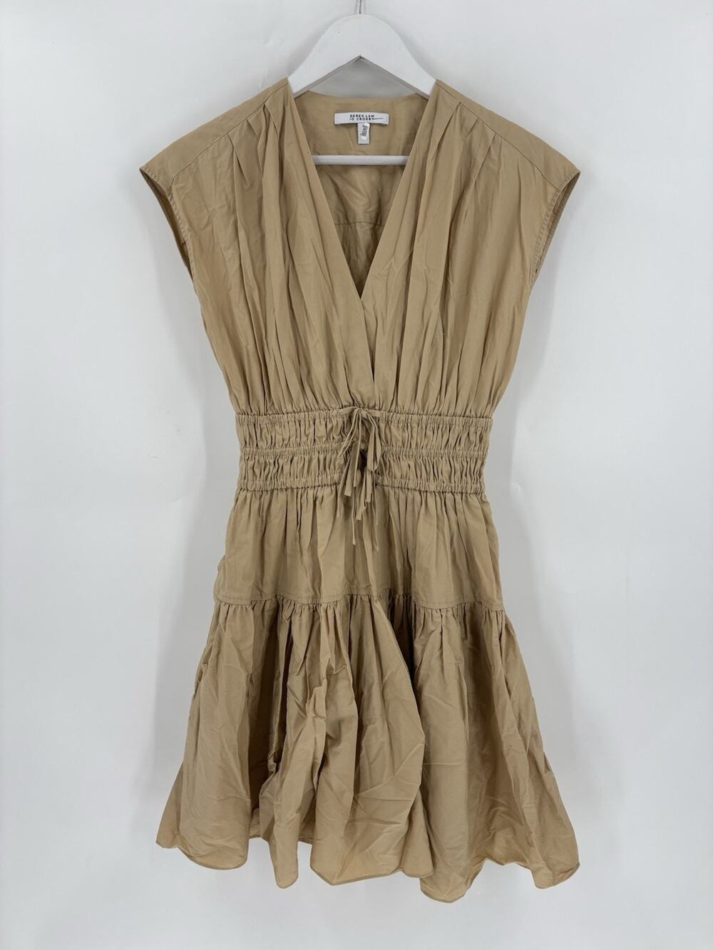 Derek Lam 10 Crosby Tora Dress Womens 2 Beige Cotton Poplin Pleated V Neck Mini